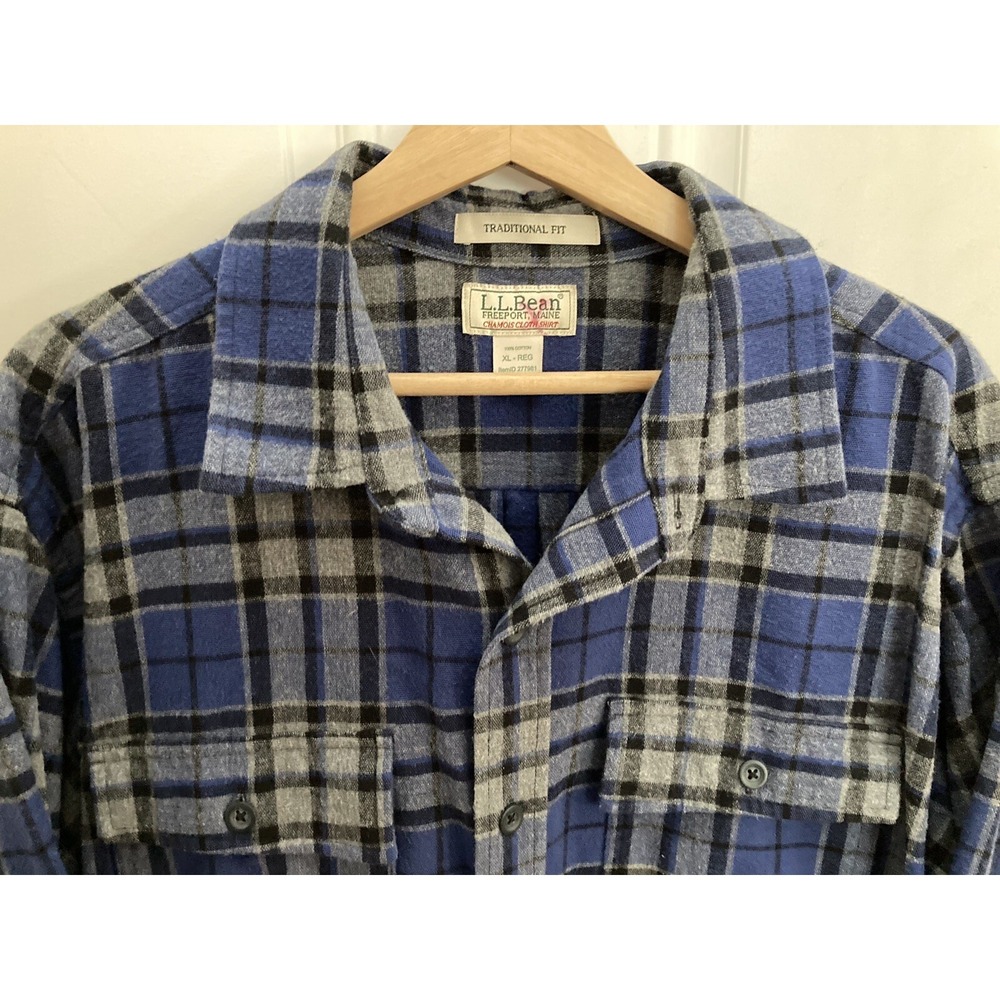 LL Bean Traditional Fit Chamois Cloth Plaid Flannel Shirt Mens XL Blue Button Up - Picture 2 of 7